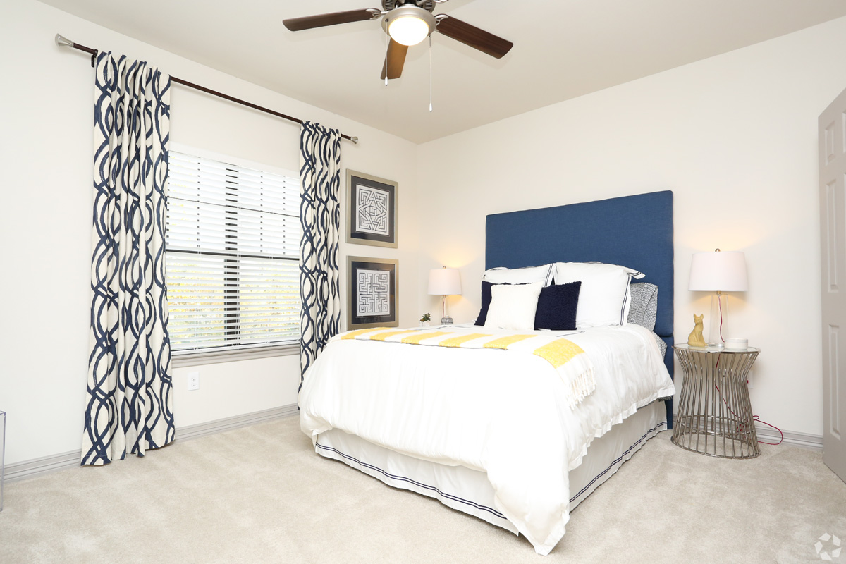 Model bedroom with large window, ceiling fan, and plush carpeting